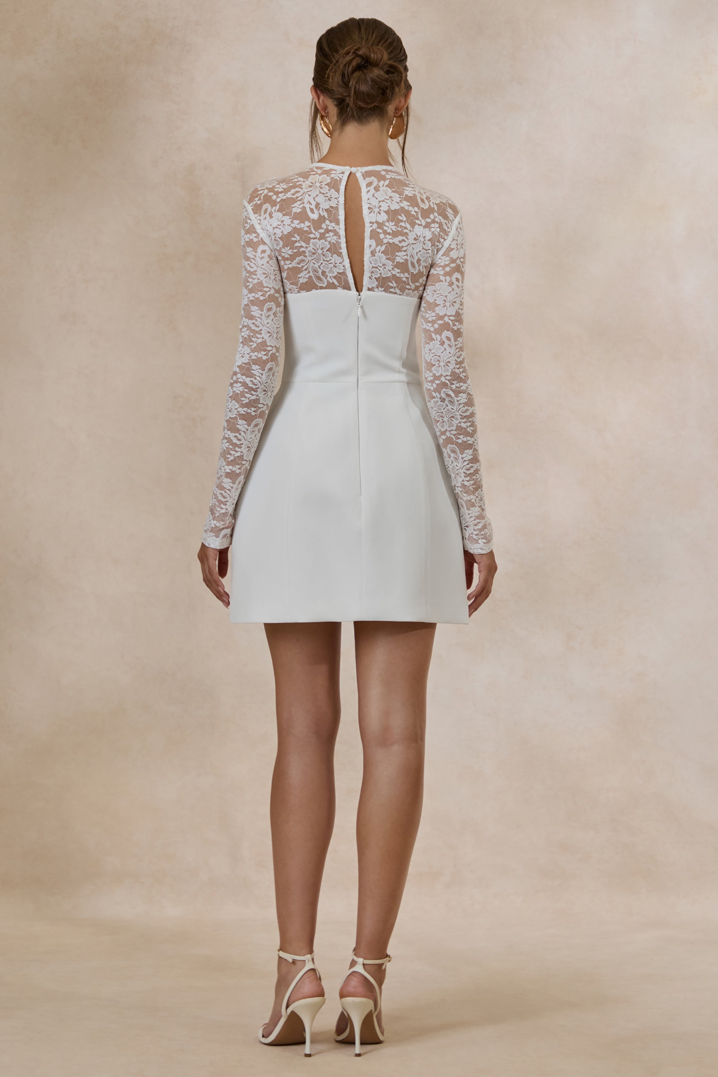 Aerin | White High-Neck Mini Dress With Long-Lace Sleeves