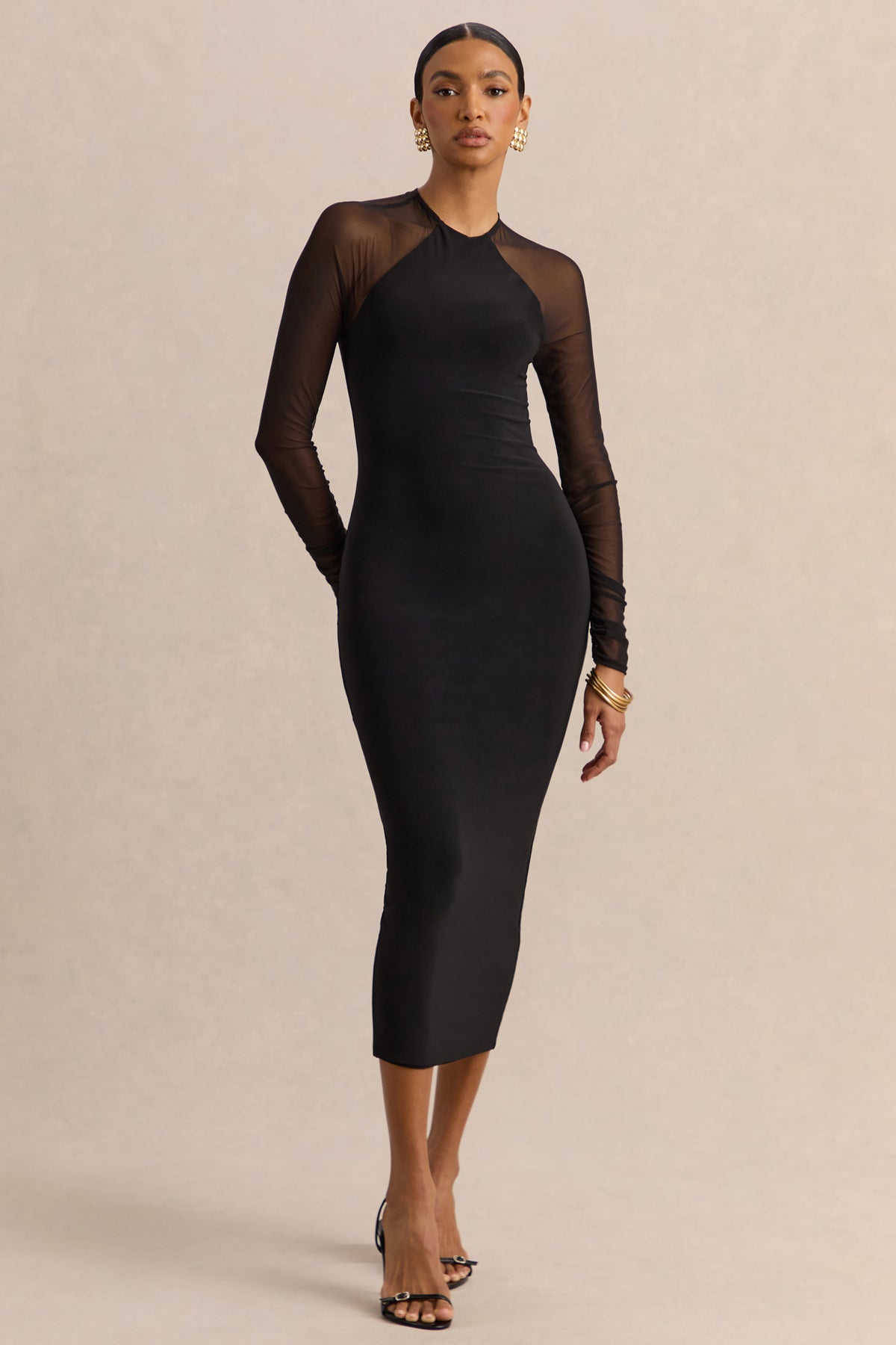 Aurevia | Black Crew-Neck Midi Dress With Long Mesh-Sleeves