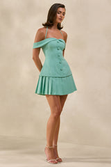 Celeta | Mint Bardot-Neck Mini Dress With Button-Detailing And Pleated-Hem