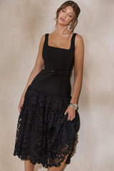 Norrie | Black Square-Neck Midi Dress With Voluminous Lace Skirt
