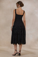 Norrie | Black Square-Neck Midi Dress With Voluminous Lace Skirt