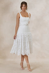 Norrie | White Lace Square-Neck Midi Dress With Voluminous Lace Skirt