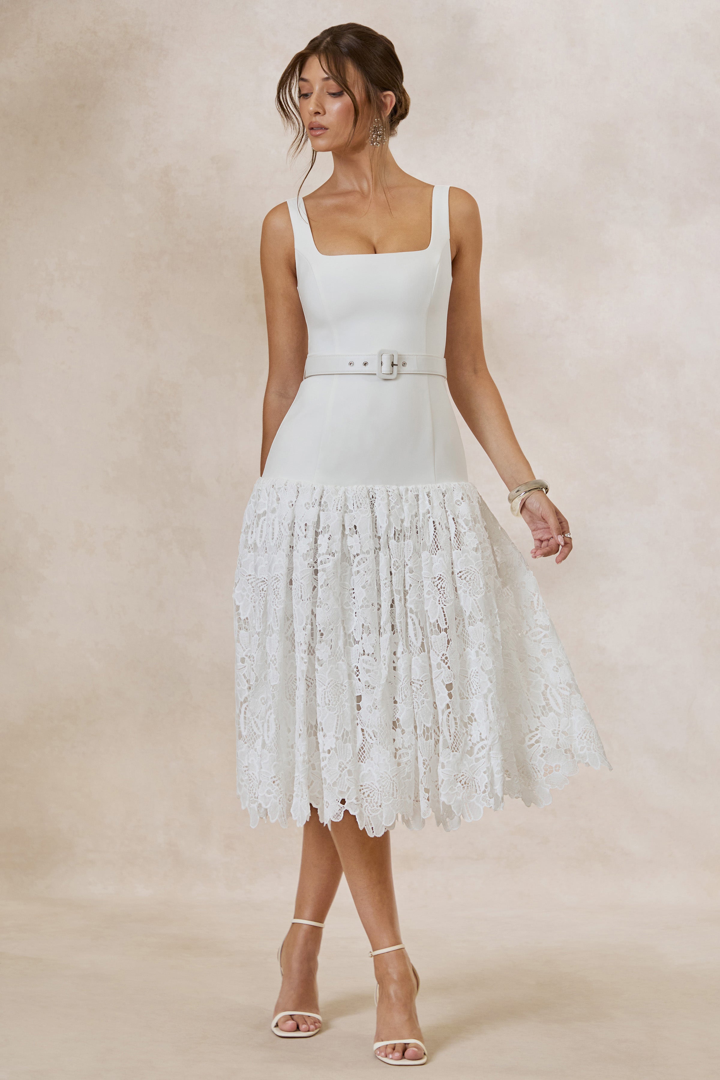Norrie | White Lace Square-Neck Midi Dress With Voluminous Lace Skirt