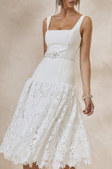 Norrie | White Lace Square-Neck Midi Dress With Voluminous Lace Skirt