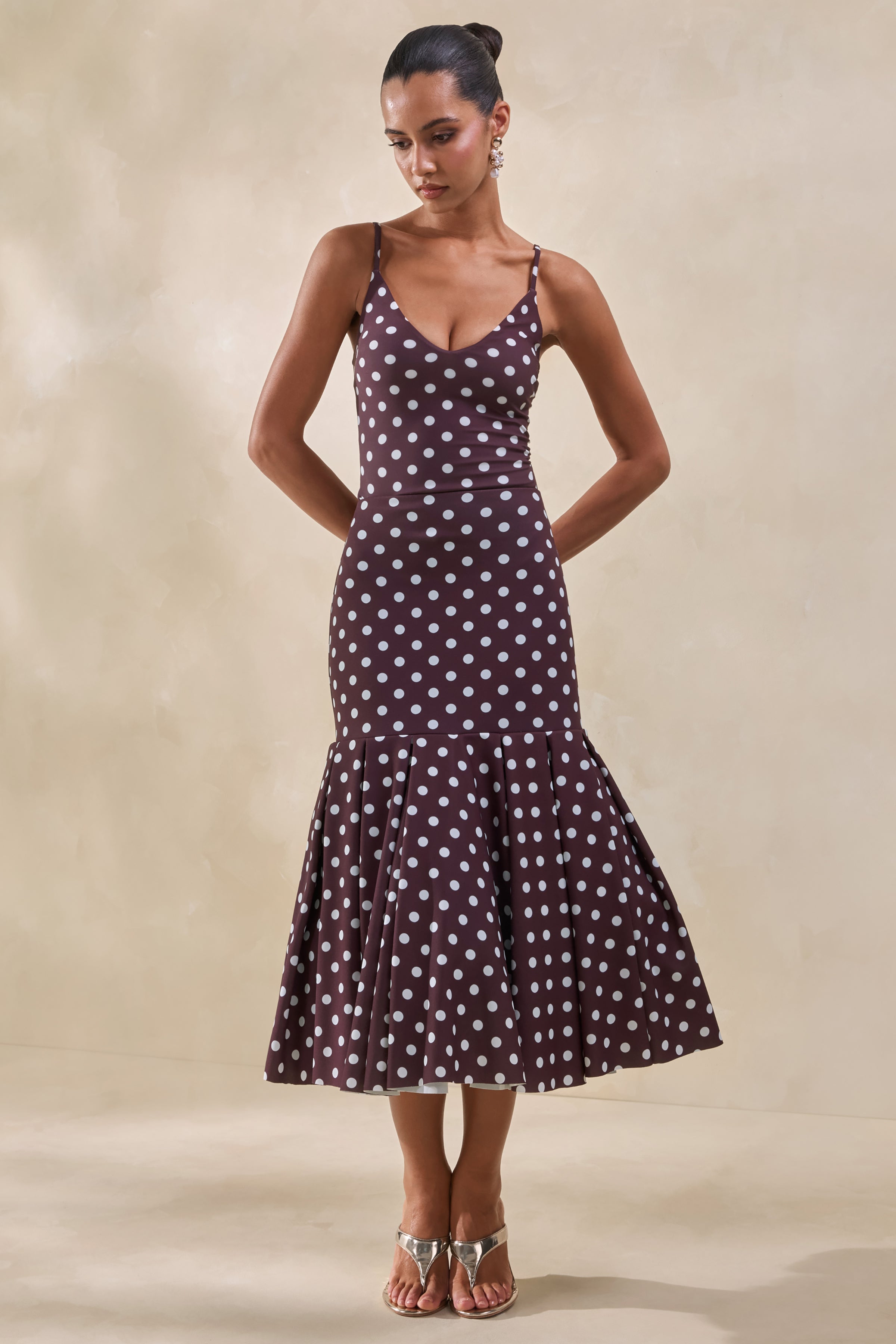 Rayna | Brown Polka-Dot V-Neck Thong Bodysuit