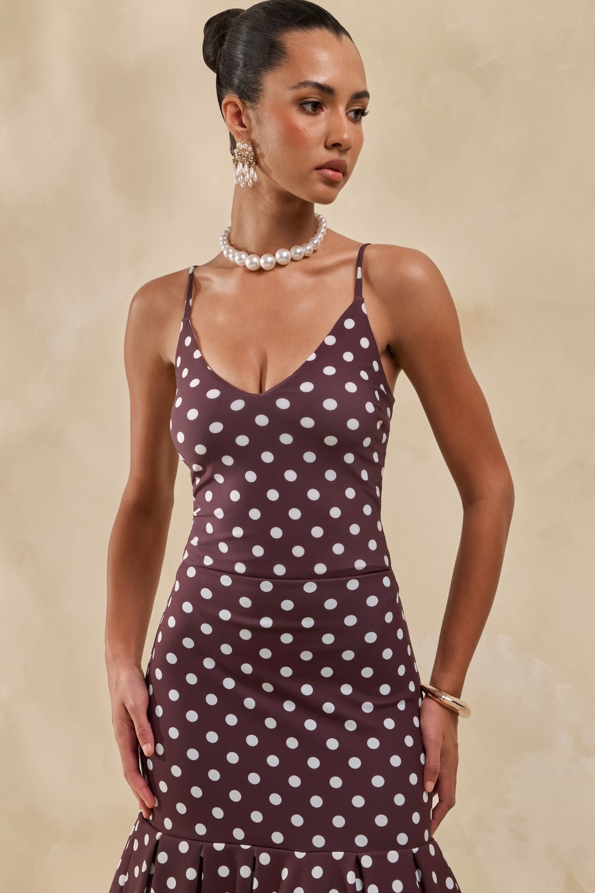 Rayna | Brown Polka-Dot V-Neck Thong Bodysuit