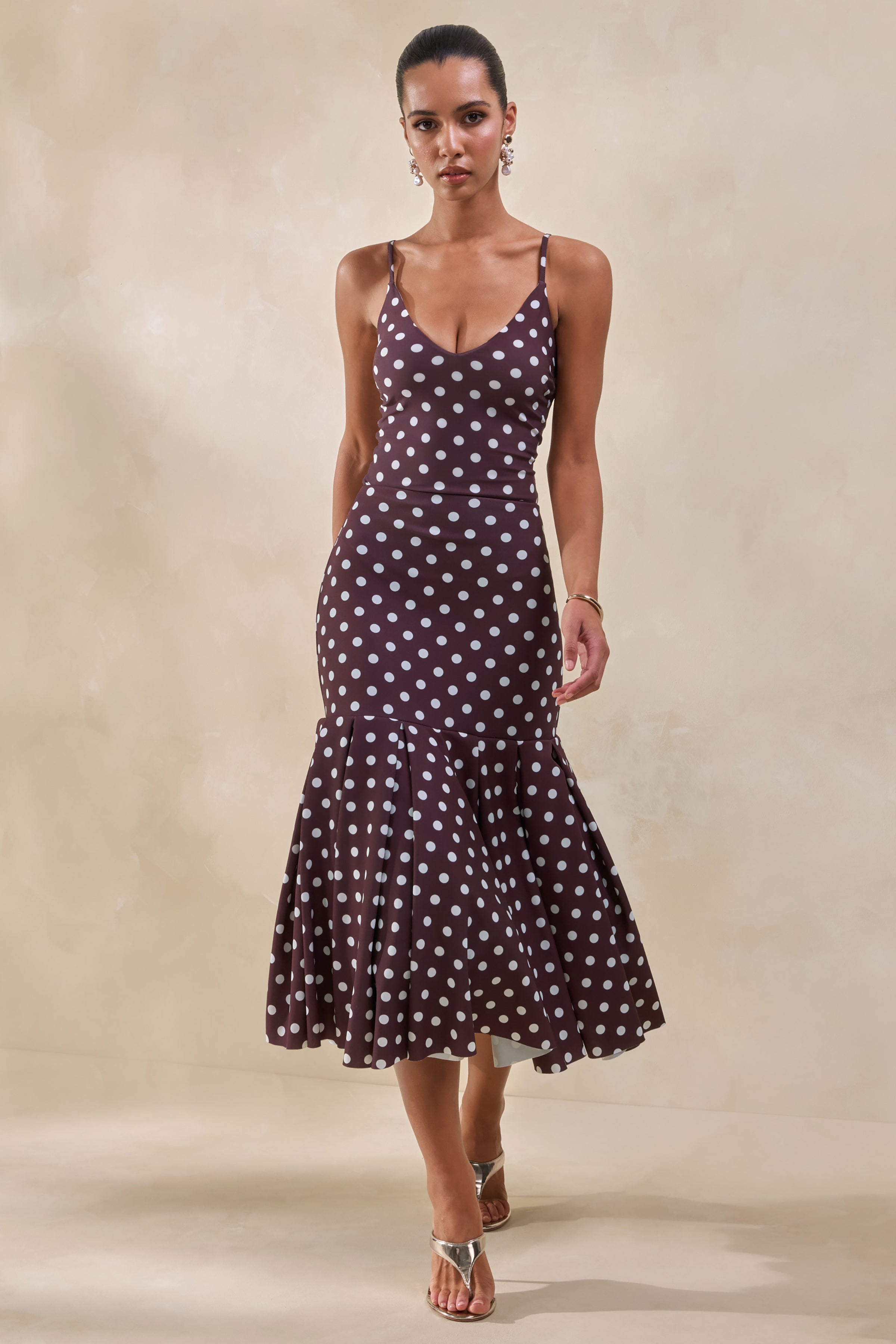 Rayna | Brown Polka-Dot V-Neck Thong Bodysuit