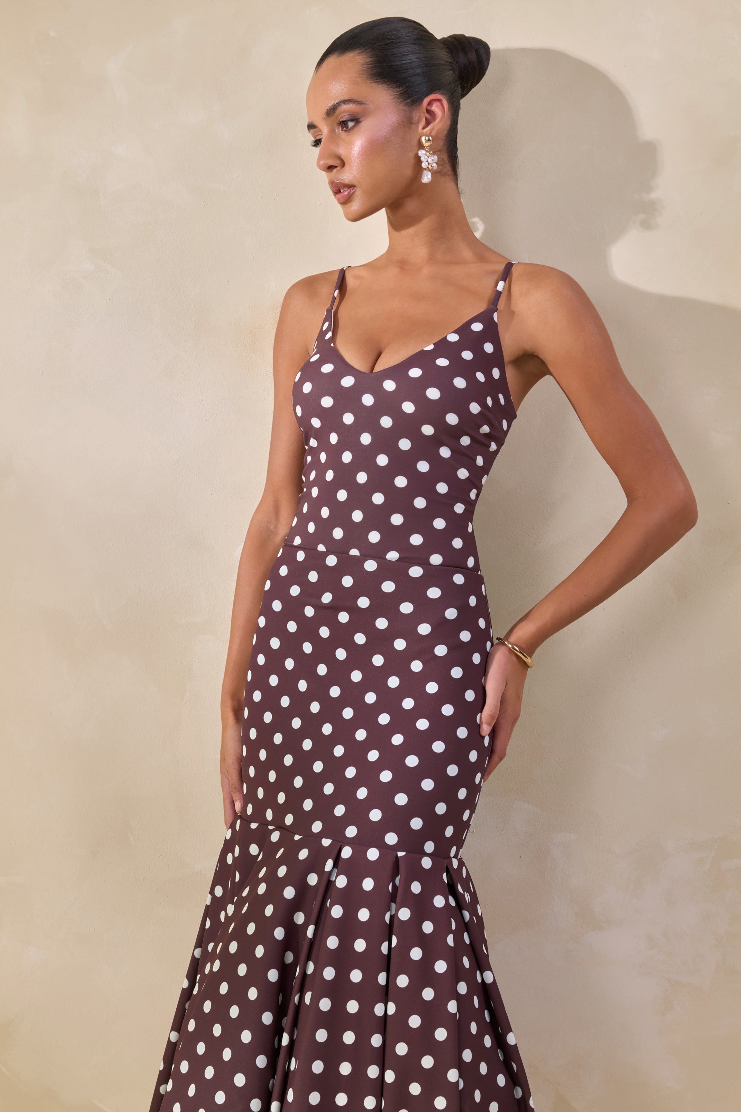 Rayna | Brown Polka-Dot V-Neck Thong Bodysuit