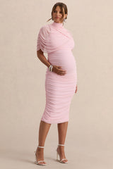 Aderyn | Light Pink High-Neck Maternity Midi Dress With Sheer Cape Sleeves