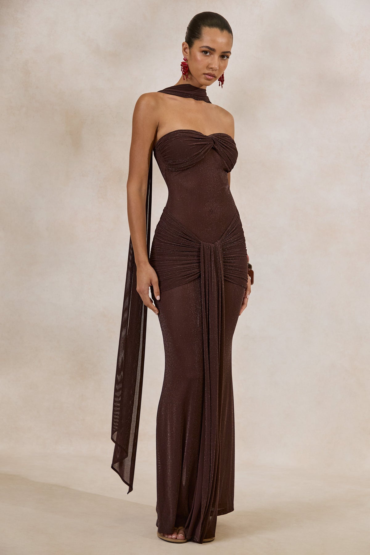 Ursa | Brown Bandeau-Neck Maxi Dress With Scarf Detail And Gathered Detailing