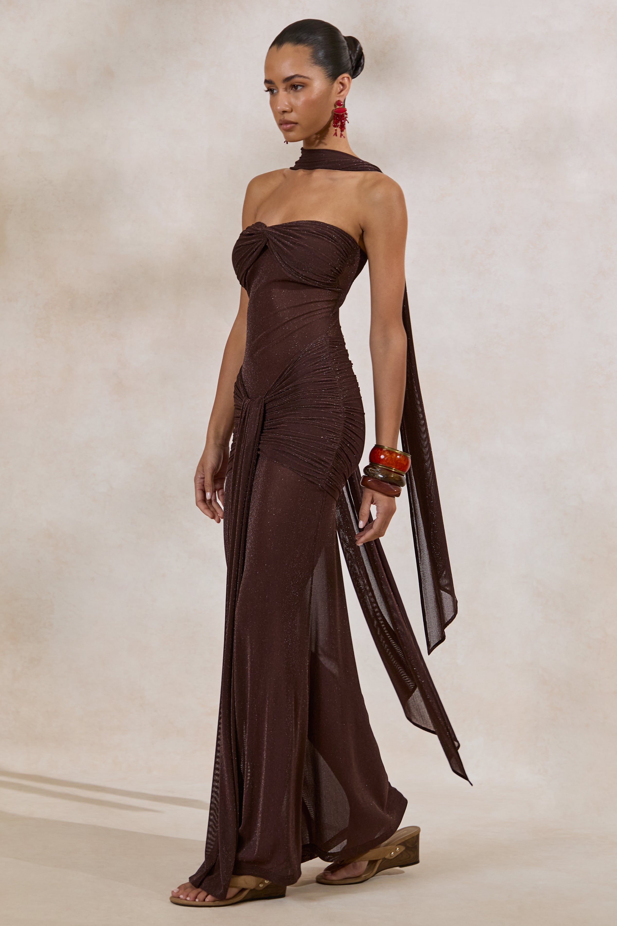 Ursa | Brown Bandeau-Neck Maxi Dress With Scarf Detail And Gathered Detailing