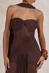 Ursa | Brown Bandeau-Neck Maxi Dress With Scarf Detail And Gathered Detailing