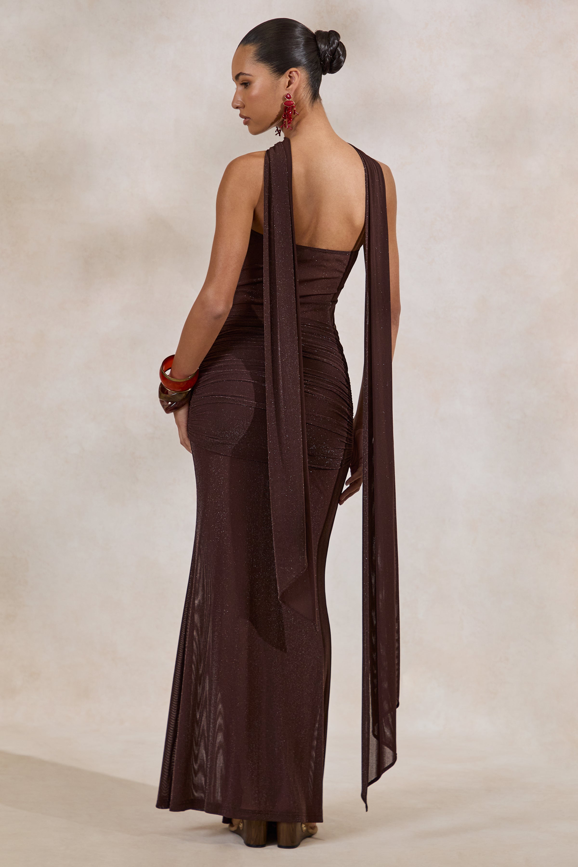 Ursa | Brown Bandeau-Neck Maxi Dress With Scarf Detail And Gathered Detailing