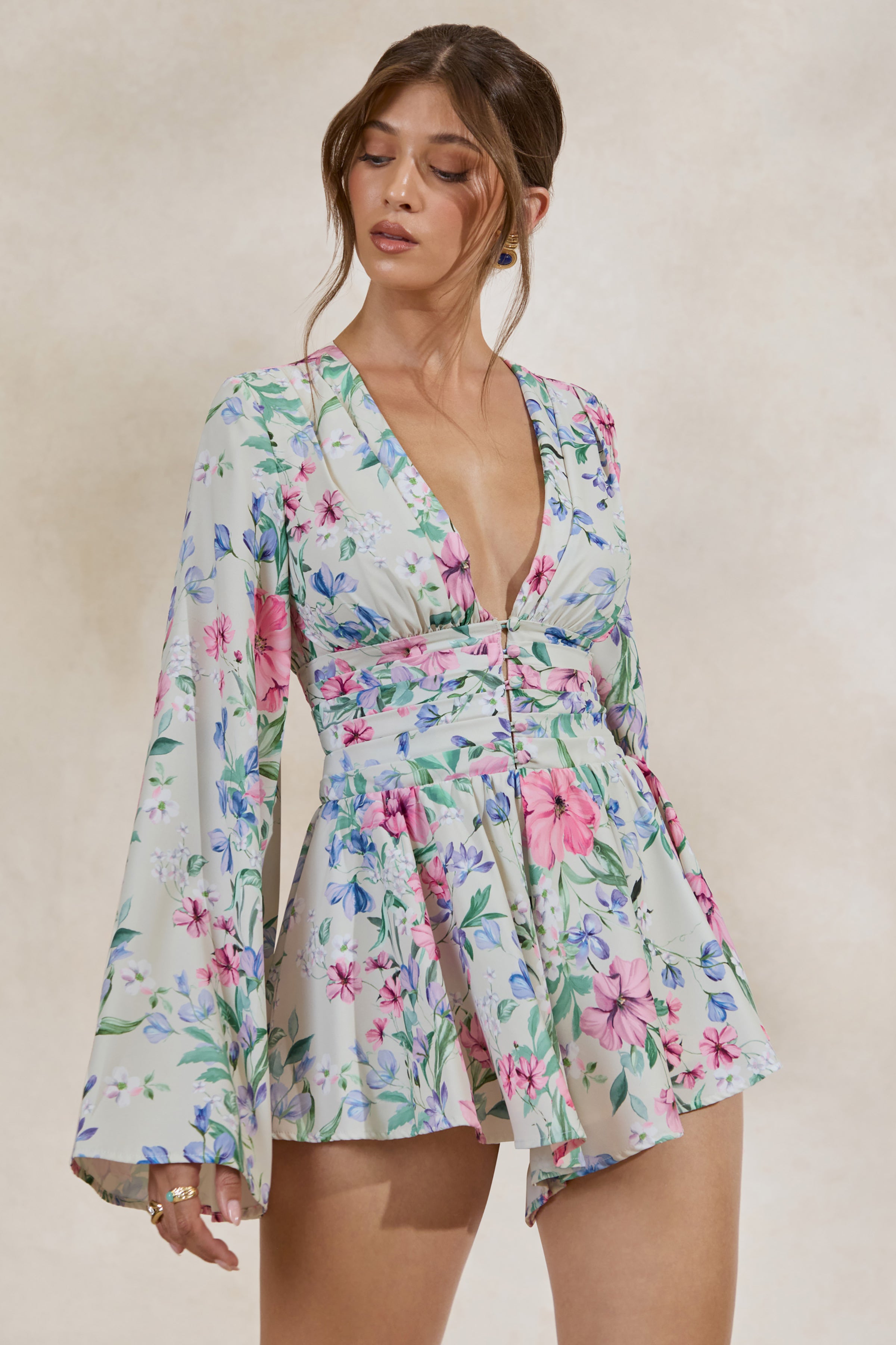 Kismet | Cream Floral Print Plunge-Neck Romper With Bell Sleeves