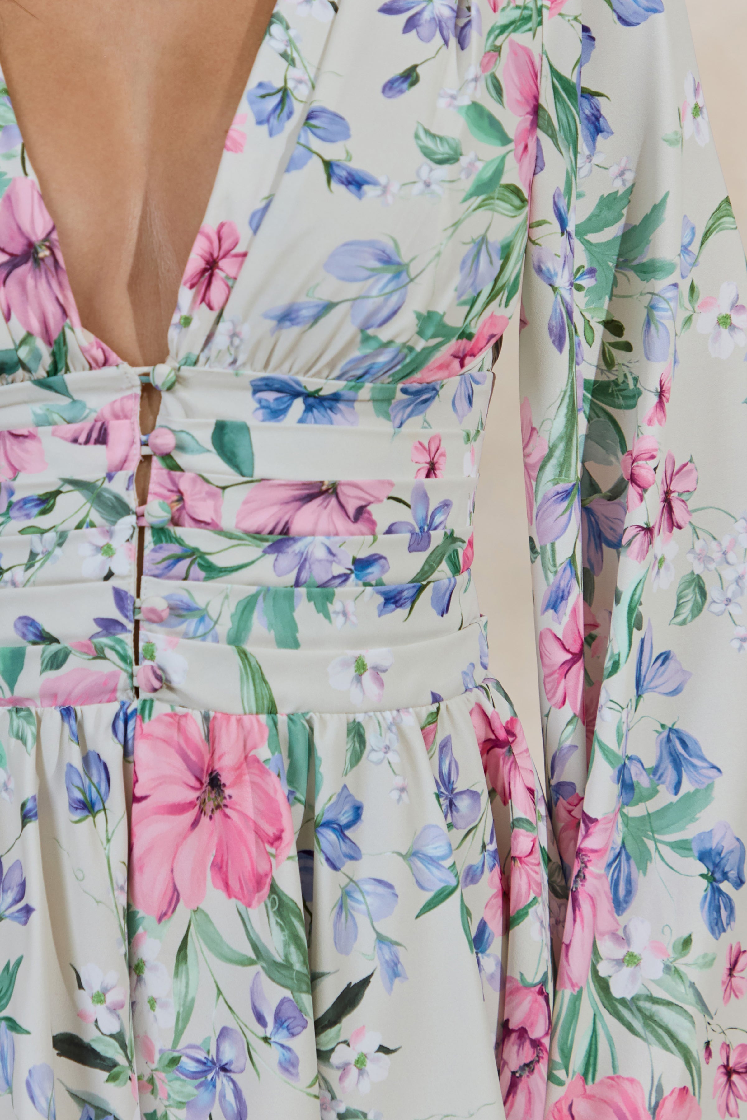 Kismet | Cream Floral Print Plunge-Neck Romper With Bell Sleeves
