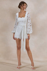 Korinna | White Lace Square-Neck Romper With Belt Detail