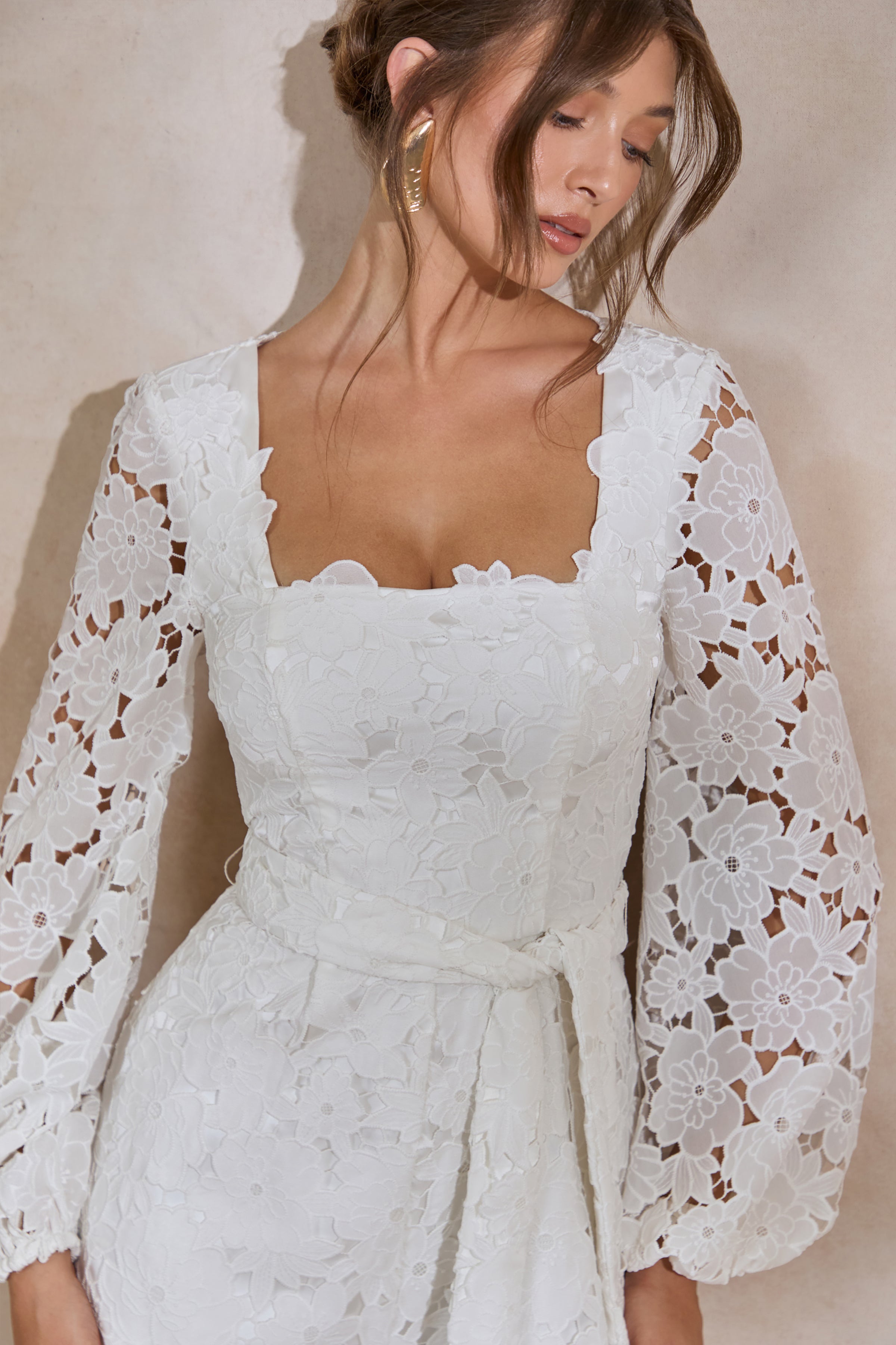 Korinna | White Lace Square-Neck Romper With Belt Detail