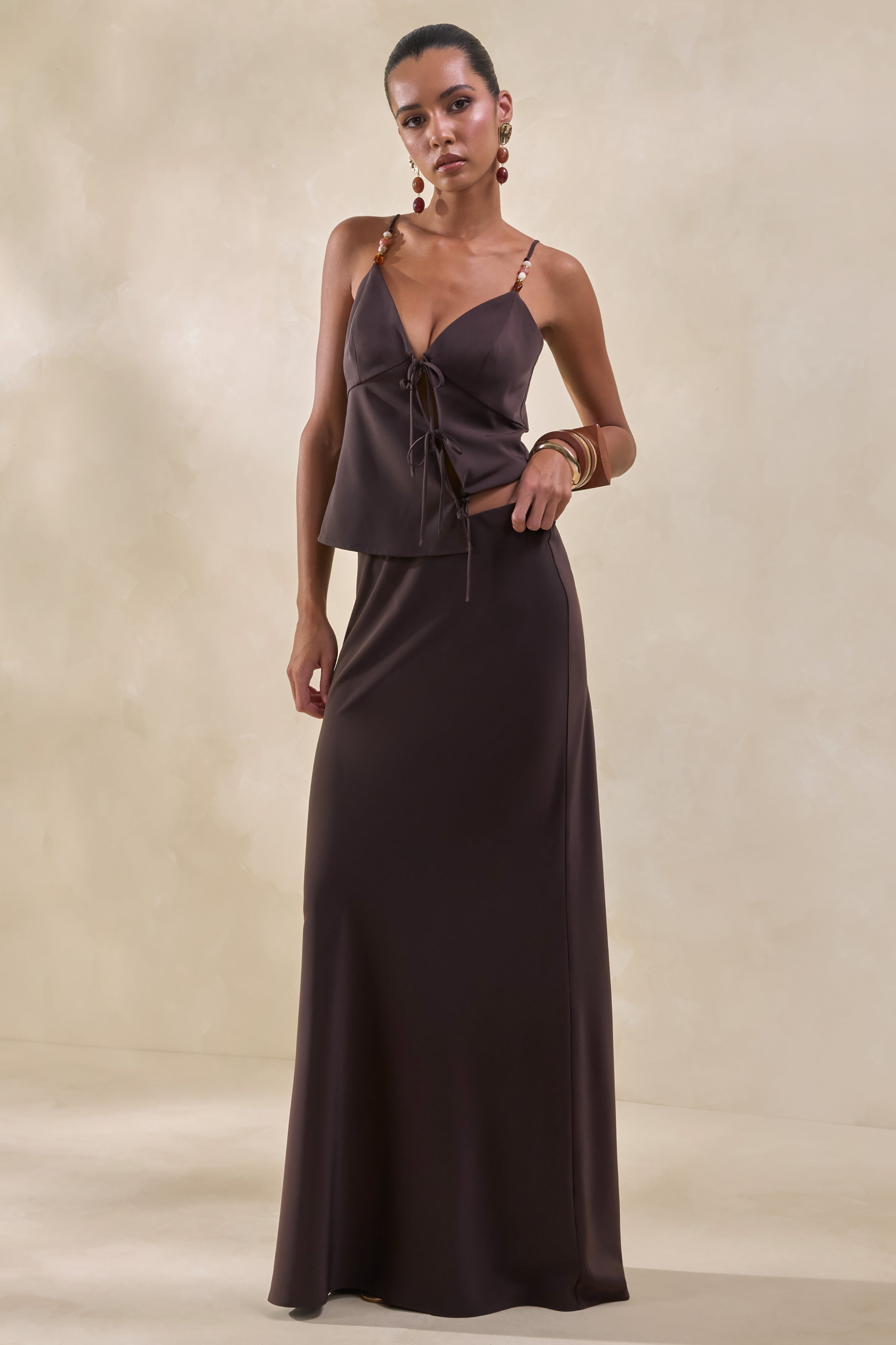 Sybella | Dark Brown Satin Maxi Skirt