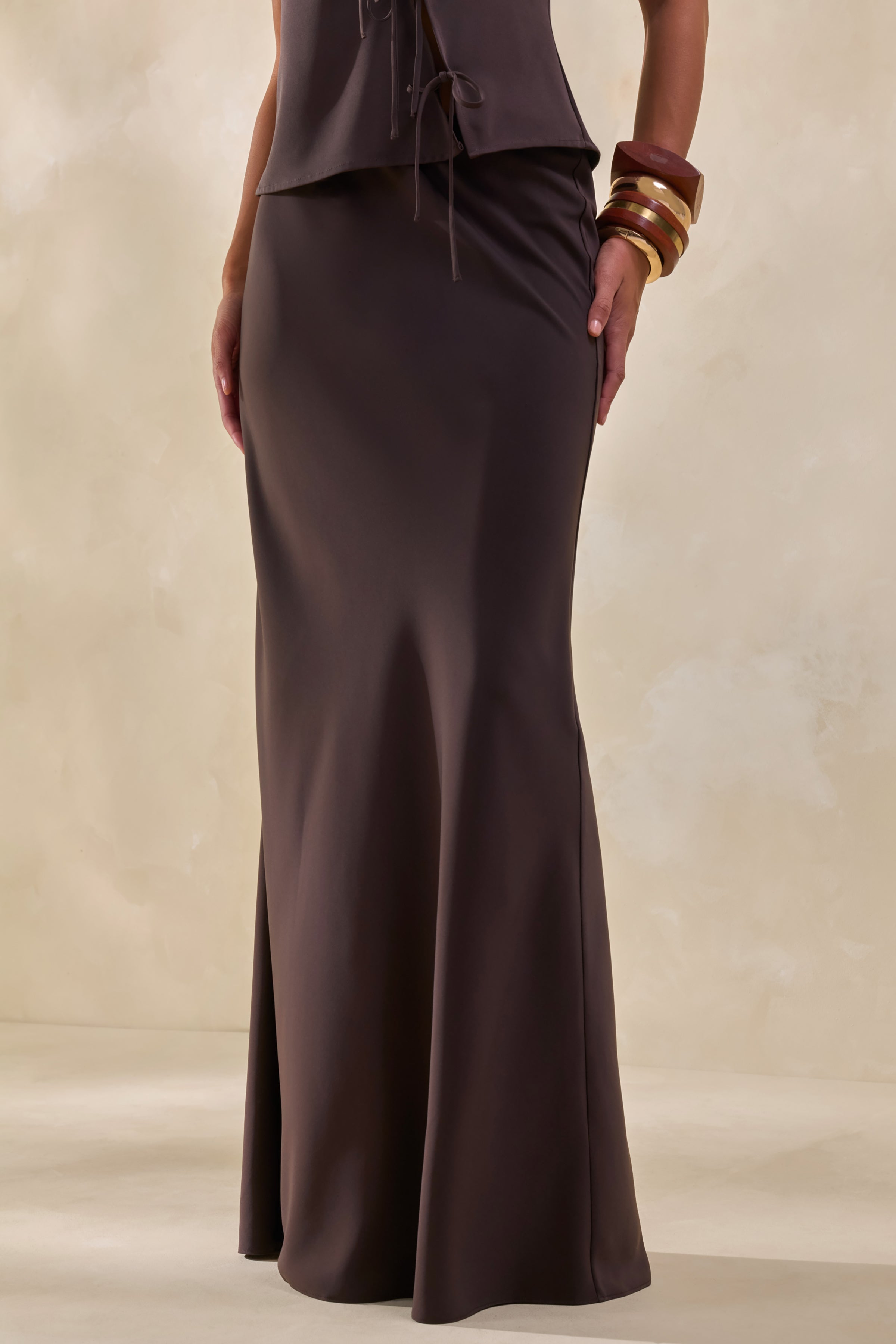 Sybella | Dark Brown Satin Maxi Skirt
