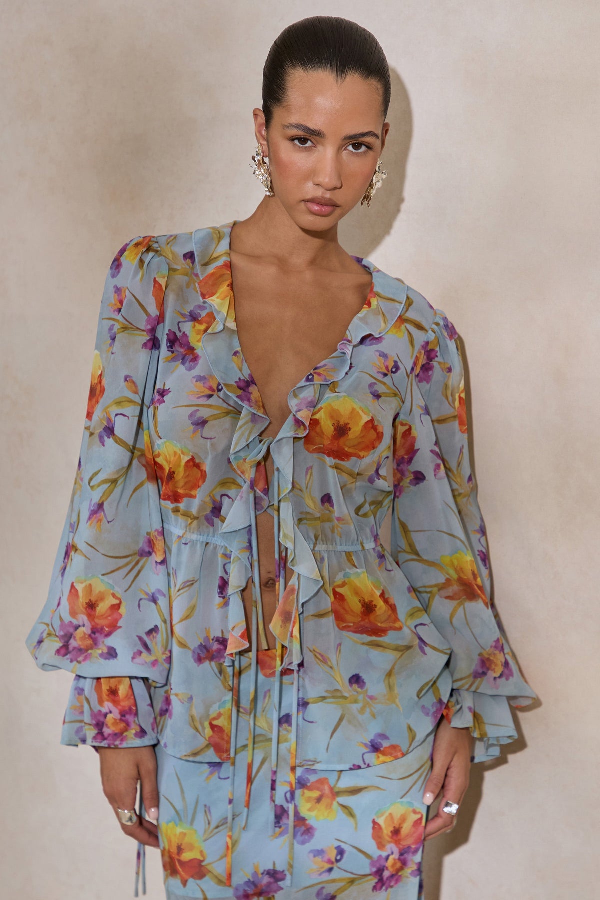 Alveta | Blue Floral Chiffon Sheer V-Neck Top With Ruffled Detailing
