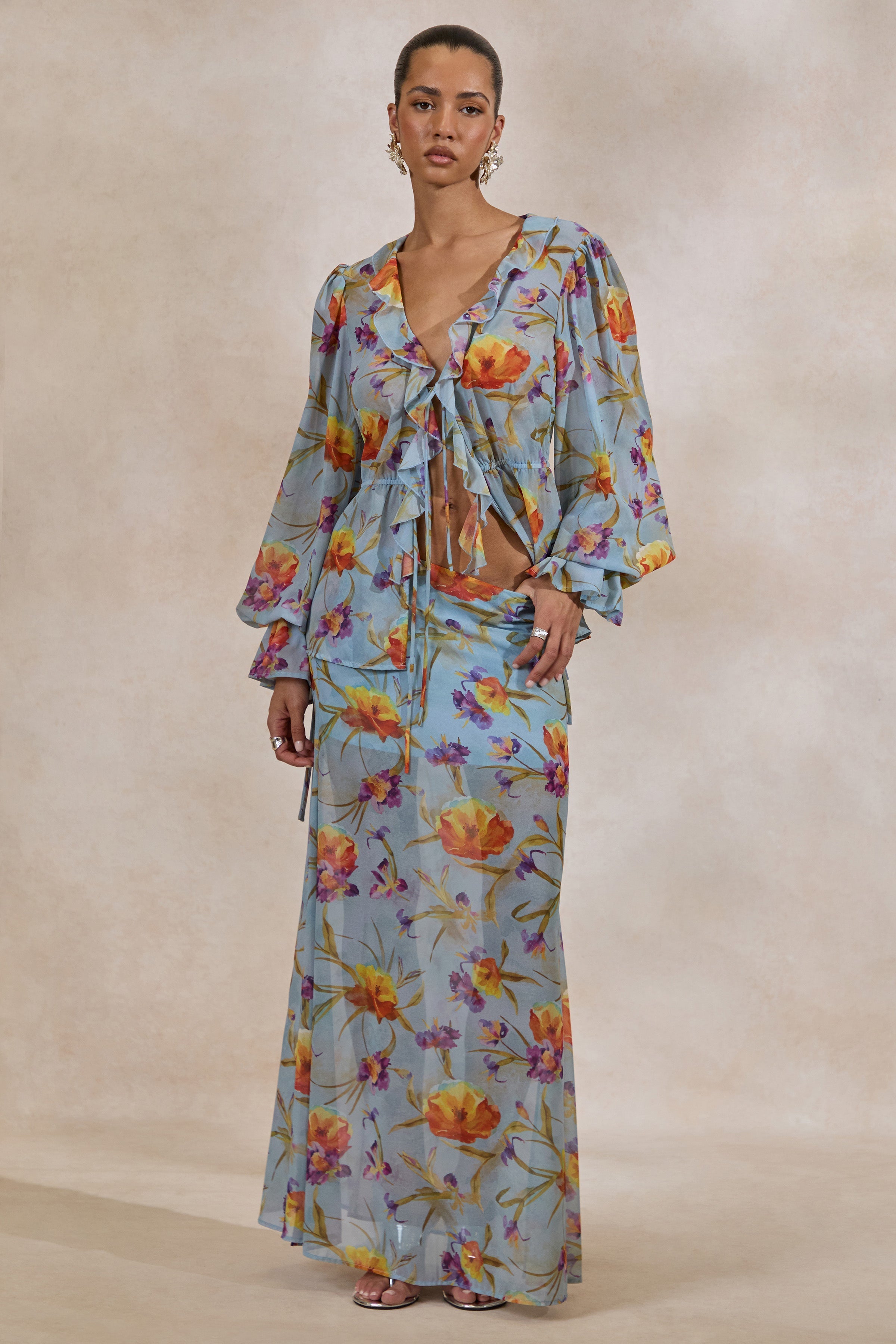 Alveta | Blue Floral Chiffon Sheer Maxi Skirt