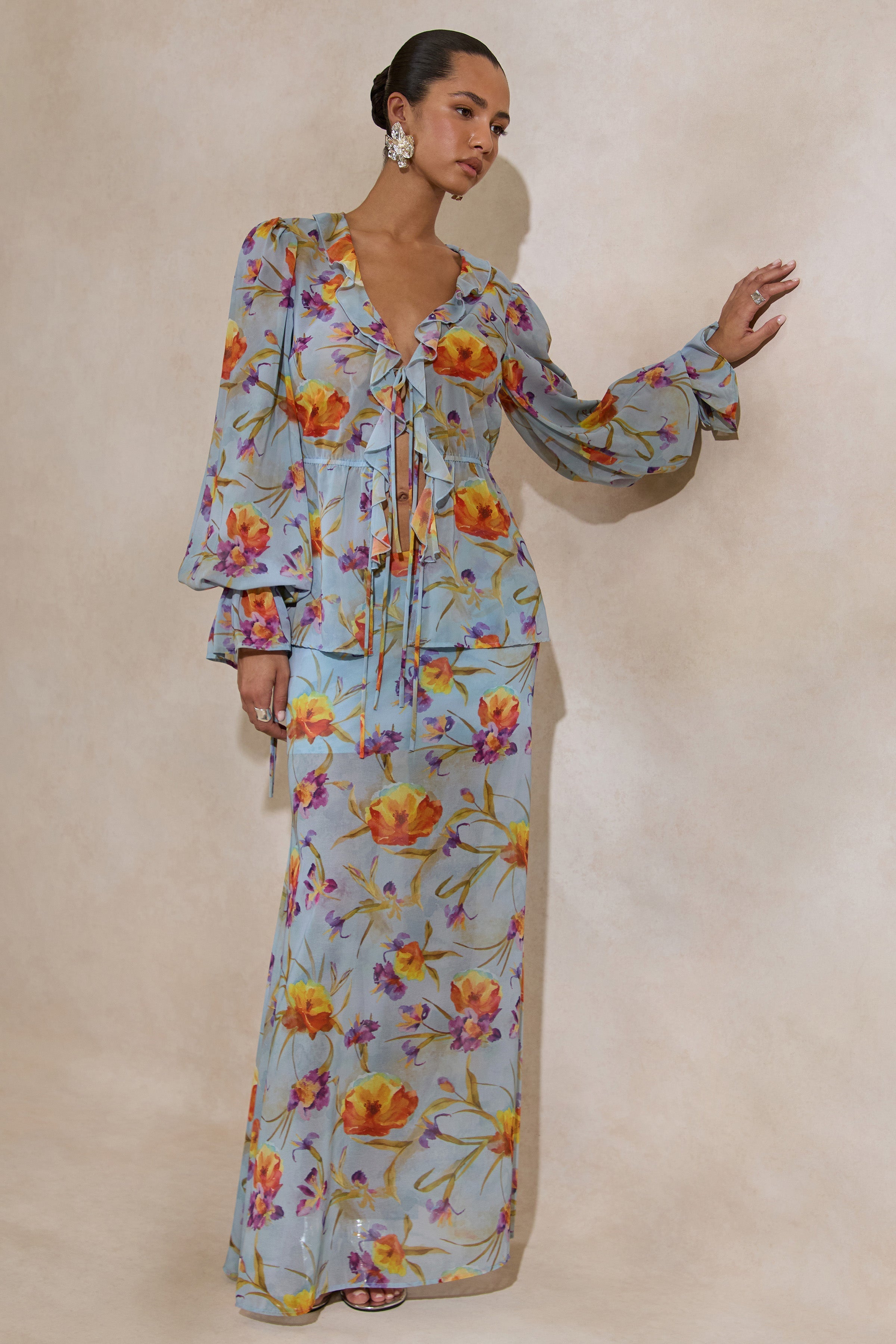 Alveta | Blue Floral Chiffon Sheer Maxi Skirt