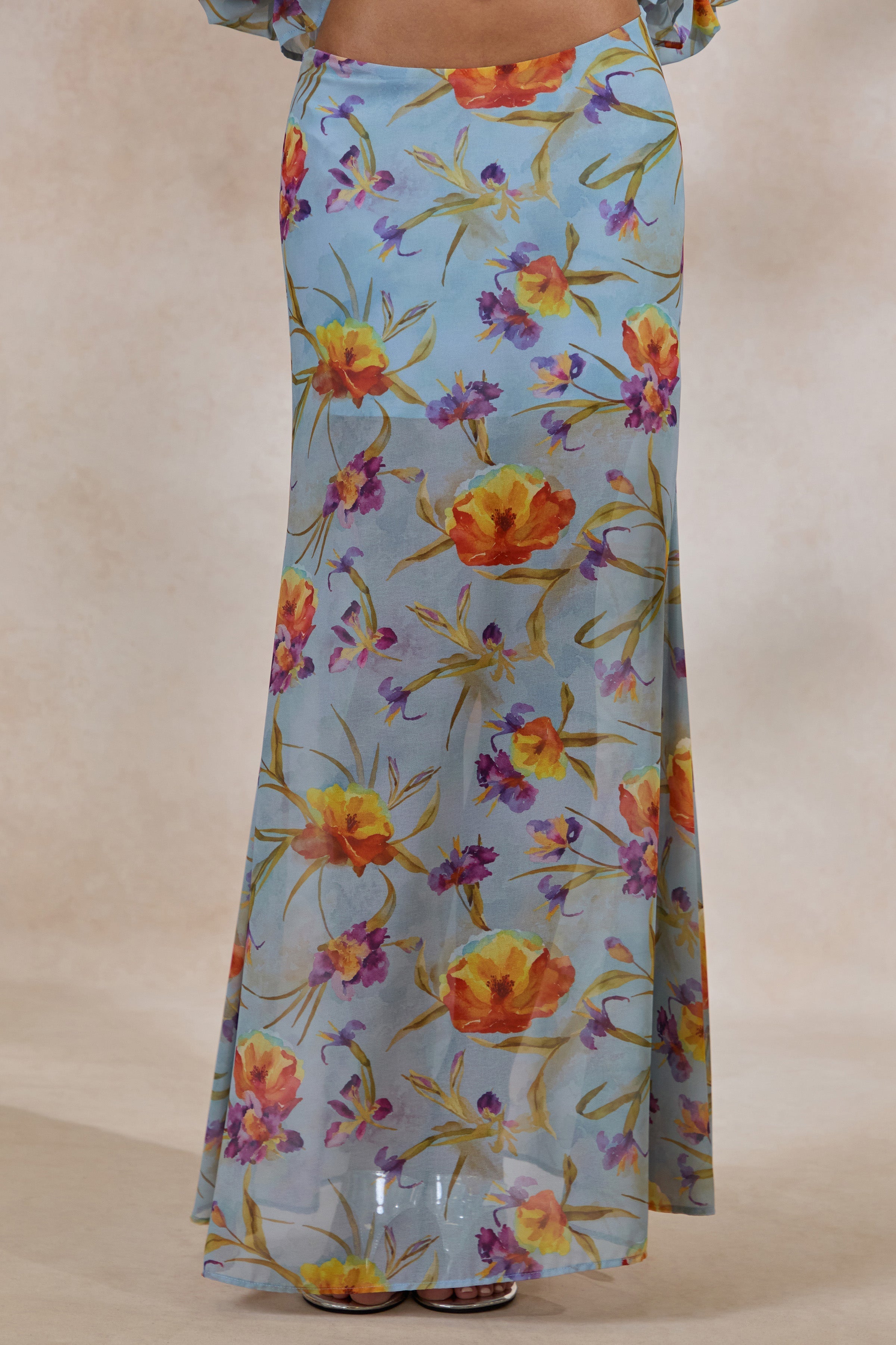 Alveta | Blue Floral Chiffon Sheer Maxi Skirt