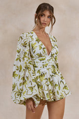 Caron | White And Green Floral Broderie Plunge-Neck Romper