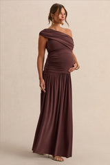 Marjorie | Dark Brown Asymmetric-Neck Maternity Maxi Dress