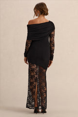 Giuliana | Black Asymmetric-Neck Maternity Maxi Dress With Lace Detailing
