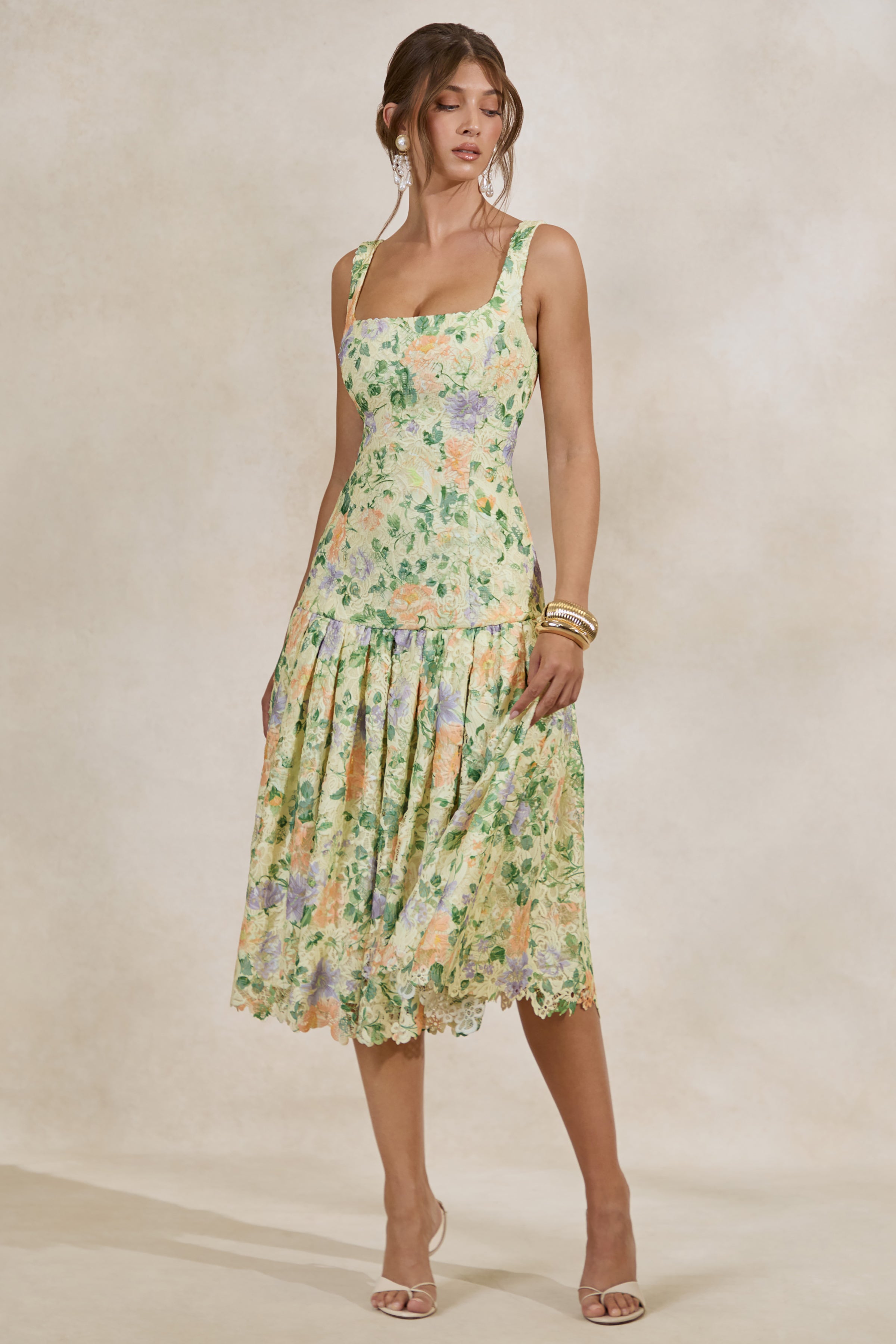 Lumara | Lemon Floral Print Lace Square-Neck Midi Dress With Drop Waist
