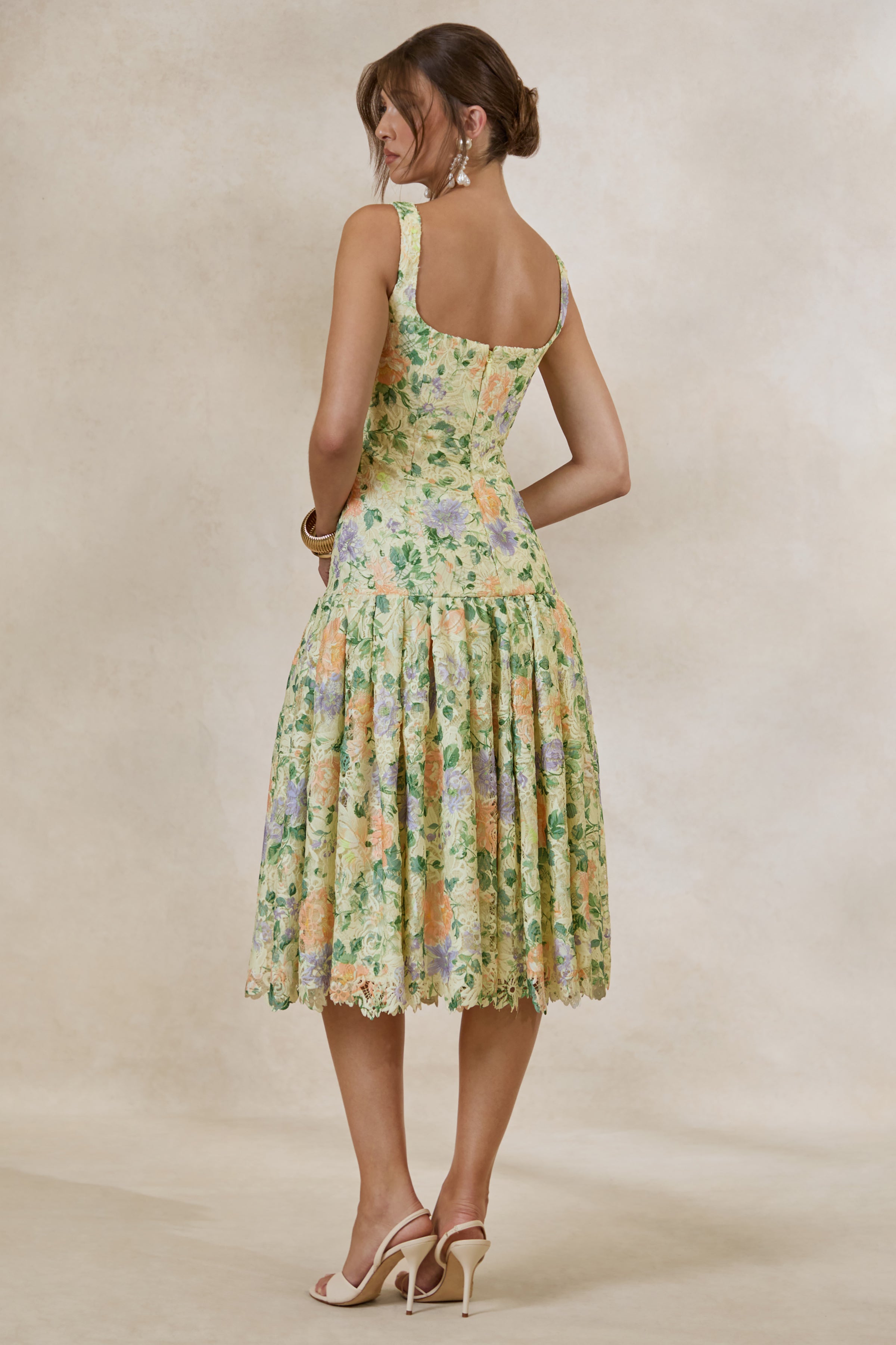 Lumara | Lemon Floral Print Lace Square-Neck Midi Dress With Drop Waist