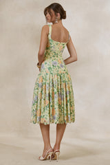 Lumara | Lemon Floral Print Lace Square-Neck Midi Dress With Drop Waist