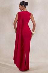 Aralyn | Red Plunge Cowl-Neck Maxi Dress With Sash Detail