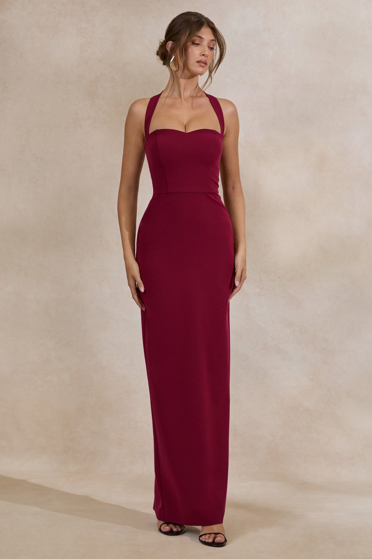 Heloira | Burgundy Sweetheart-Neck Maxi Dress
