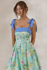 Marlisa | Mint Floral Print Square-Neck Midi Dress With Bow Straps
