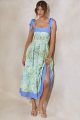 Marlisa | Mint Floral Print Square-Neck Midi Dress With Bow Straps