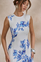 Isalyn | Blue Floral Print Round-Neck Midi Dress With Asymmetric Hemline