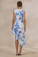 Isalyn | Blue Floral Print Round-Neck Midi Dress With Asymmetric Hemline