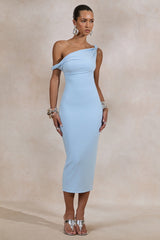 Sarafina | Light Blue Twisted Asymmetric-Neck Midi Dress