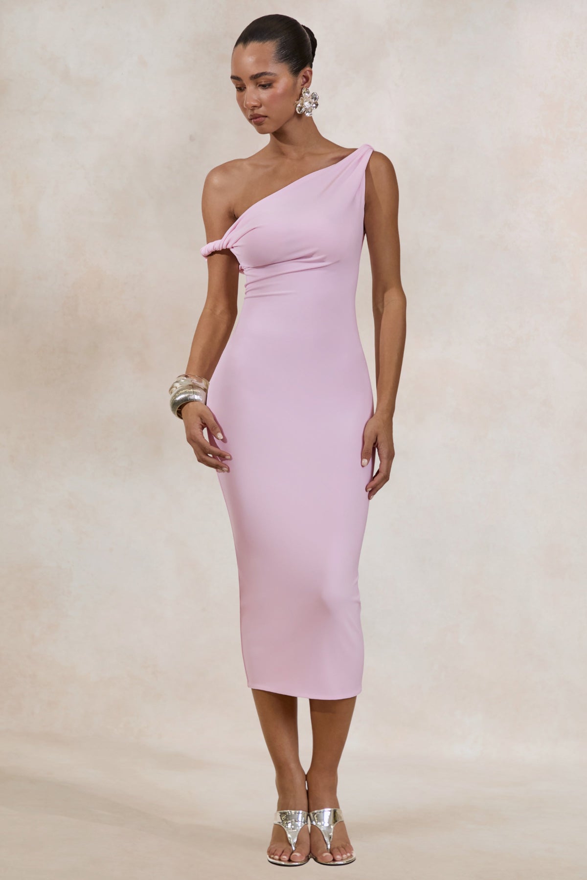 Sarafina | Light Pink Twisted Asymmetric-Neck Midi Dress