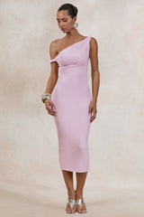 Sarafina | Light Pink Twisted Asymmetric-Neck Midi Dress