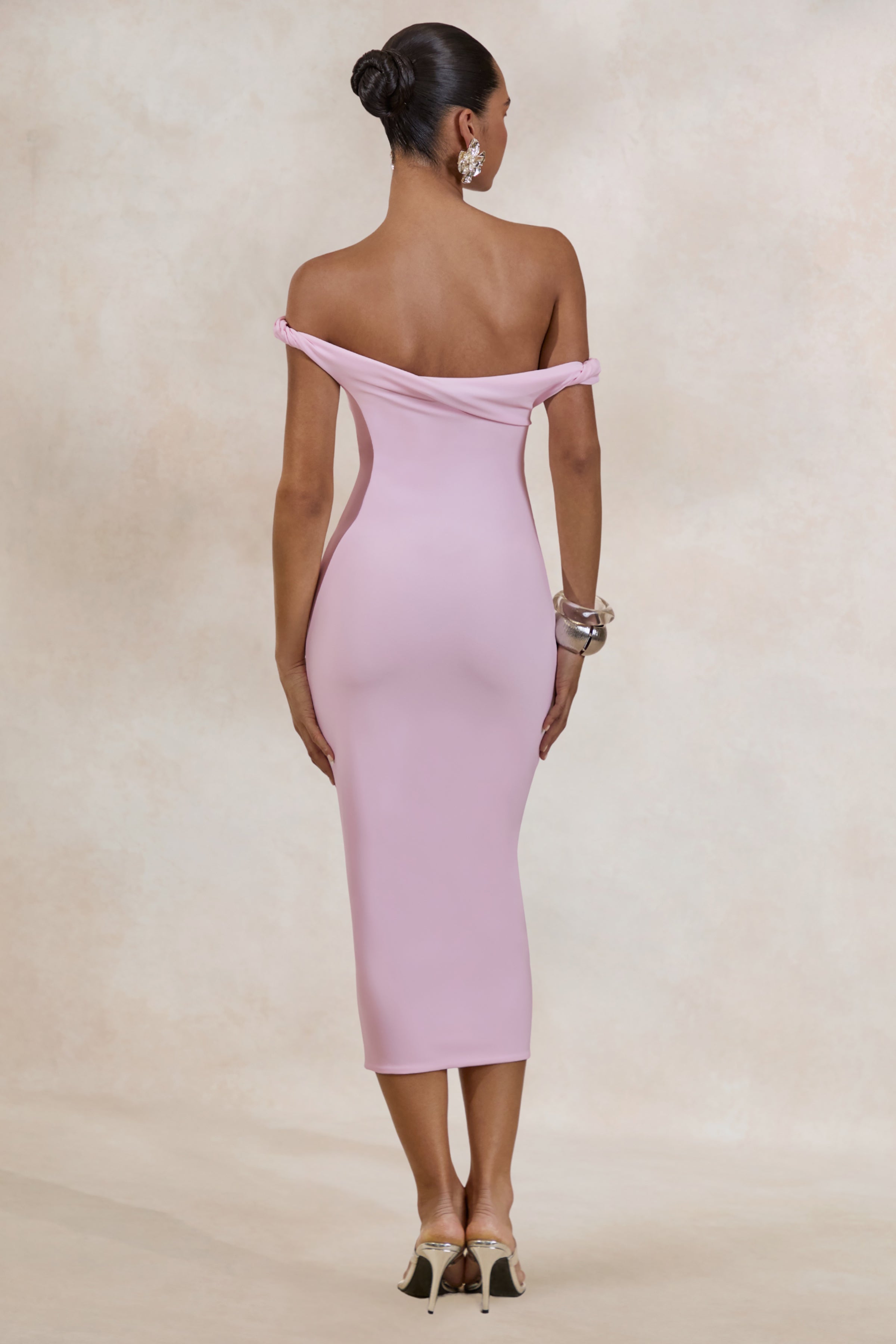 Sarafina | Light Pink Twisted Asymmetric-Neck Midi Dress