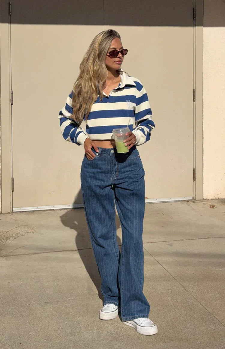 Calliope Pinstripe Mid Wash Mid Rise Slouchy Jeans