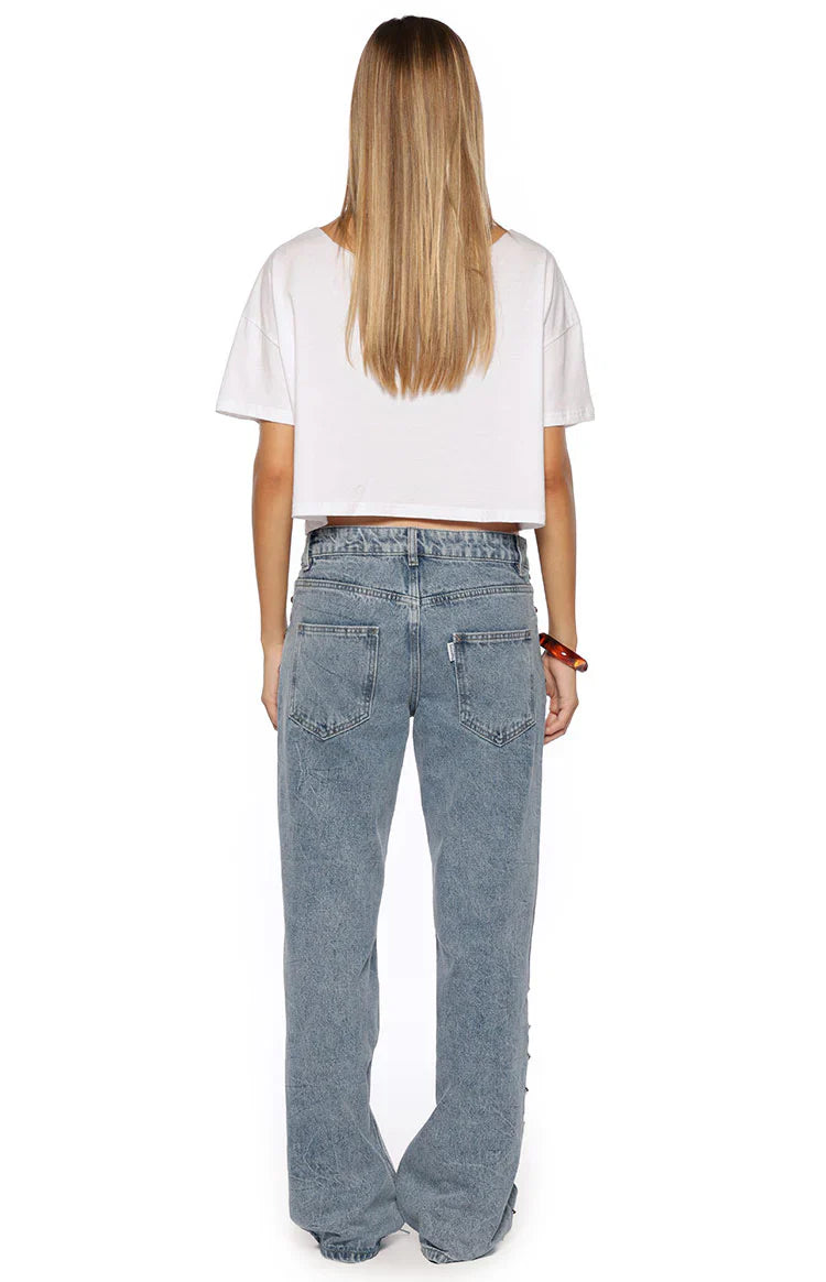 Charli Mid Wash Denim Studded Low Waist Baggy Leg Jeans