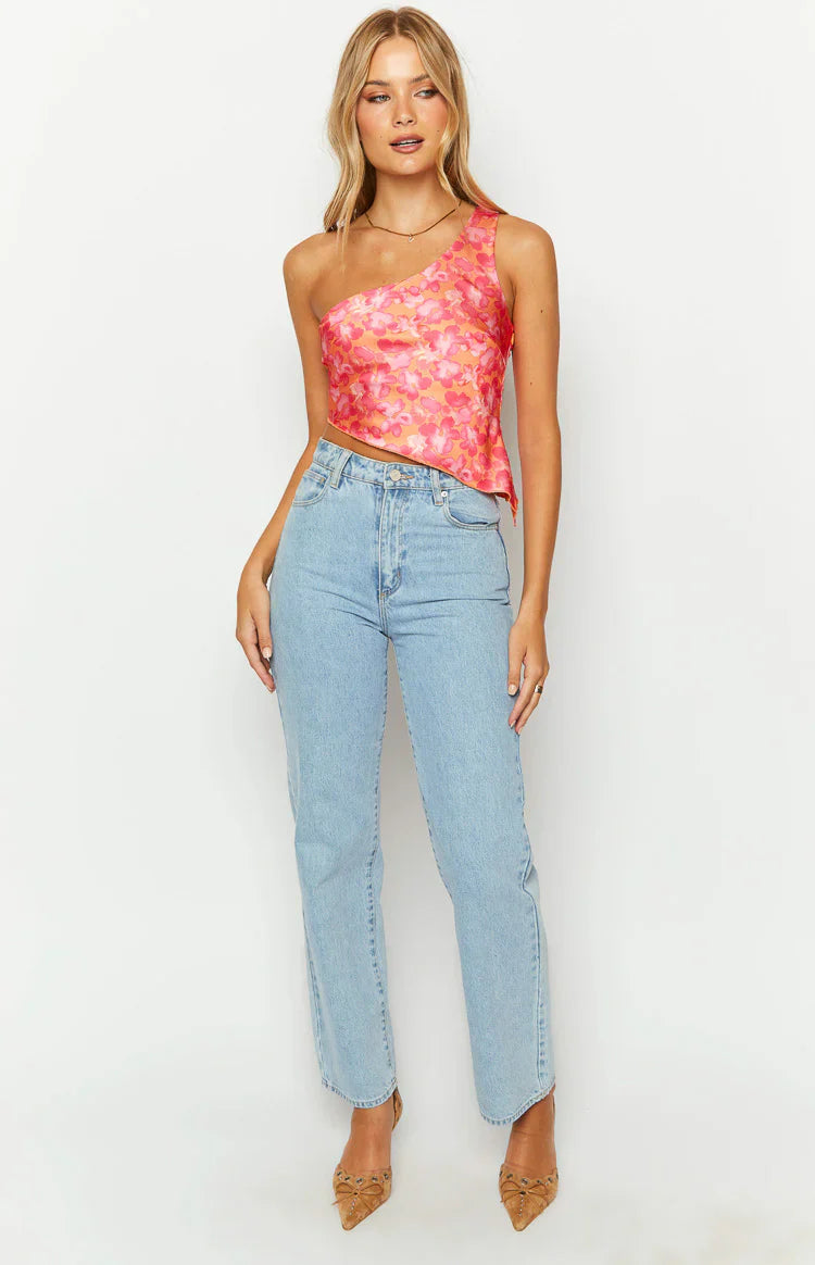 Claudi Orange And Pink Satin One Shoulder Top