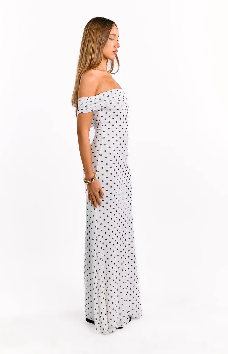 Cole White Polka Mesh Prom Dress
