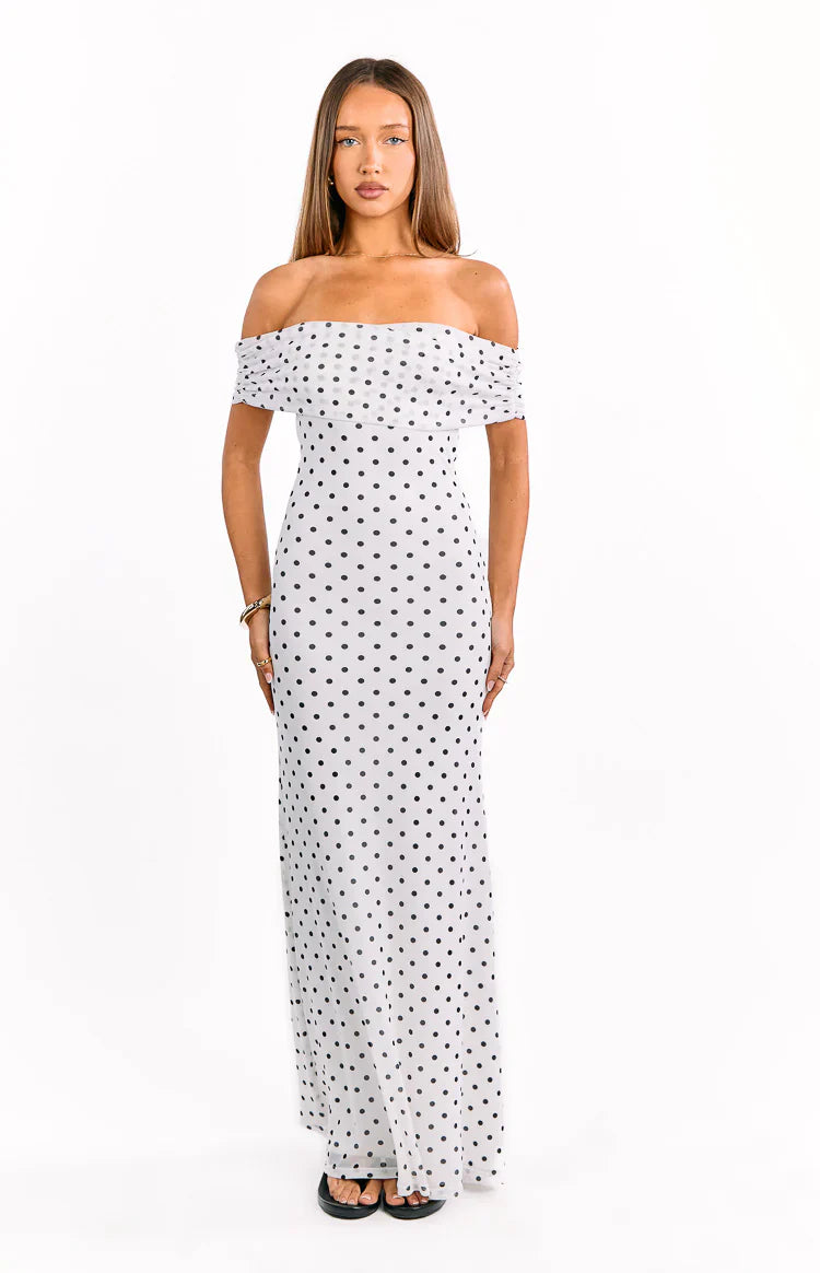 Cole White Polka Mesh Prom Dress