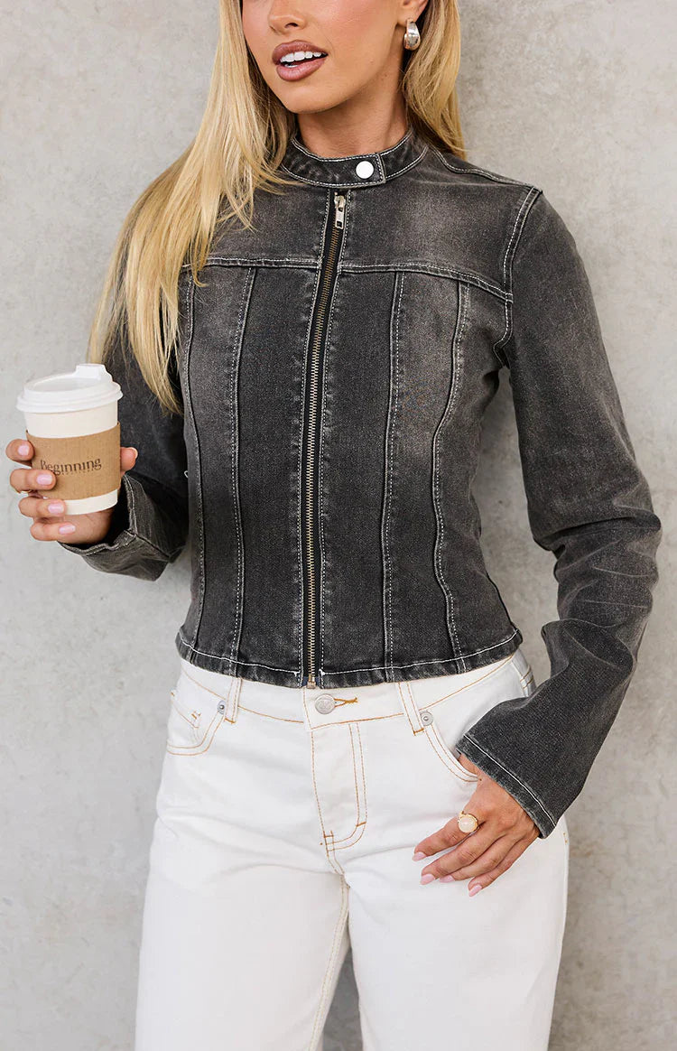 Corey Black Washed Denim Biker Jacket
