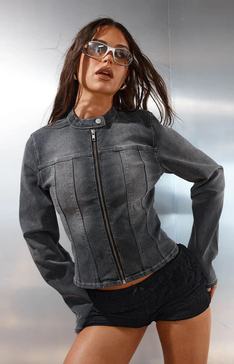 Corey Black Washed Denim Biker Jacket